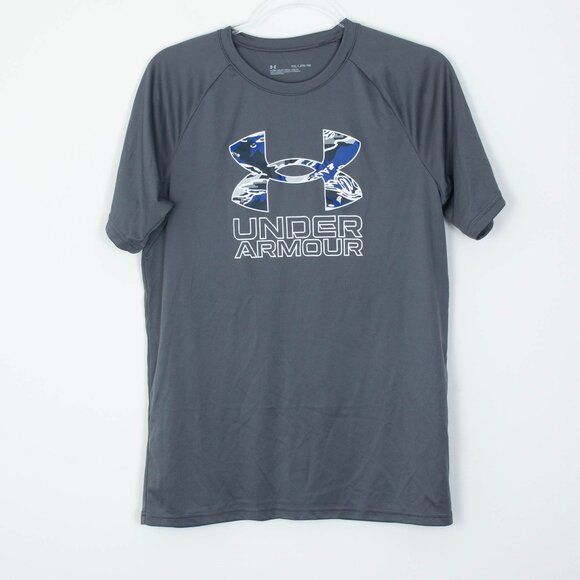 Under Armour Boys Heat Gear Short Sleeve Shirt Size Youth XL Gray Sports Logo - Picture 1 of 7